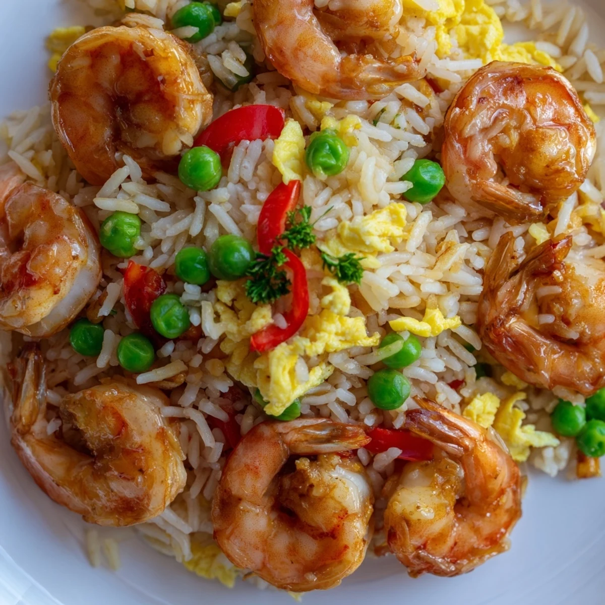 Sizzling garlic prawns served over asian fusion fried rice with red bell pepper and peas