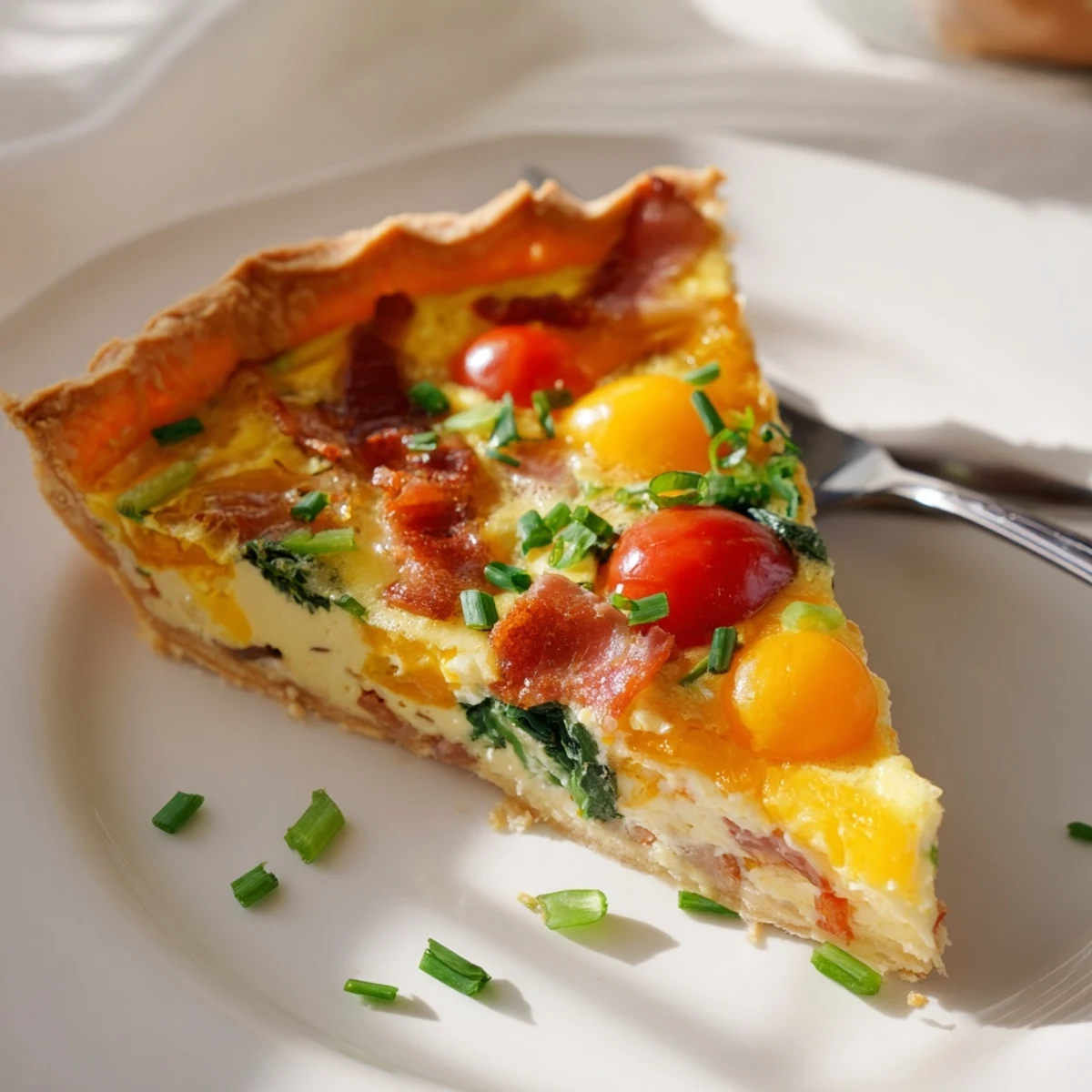 Savory family breakfast tart featuring puff pastry loaded with cheddar cheese, cherry tomatoes, spinach, and smoky bacon