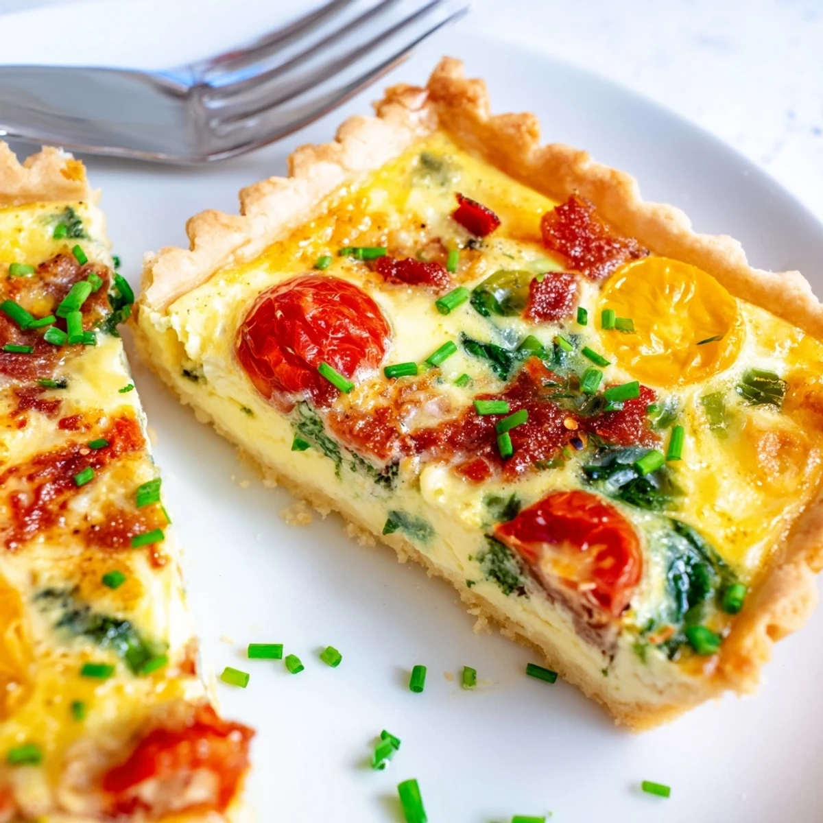 Golden flaky family breakfast tart with creamy eggs, crispy bacon, and colorful fresh vegetables baked to perfection