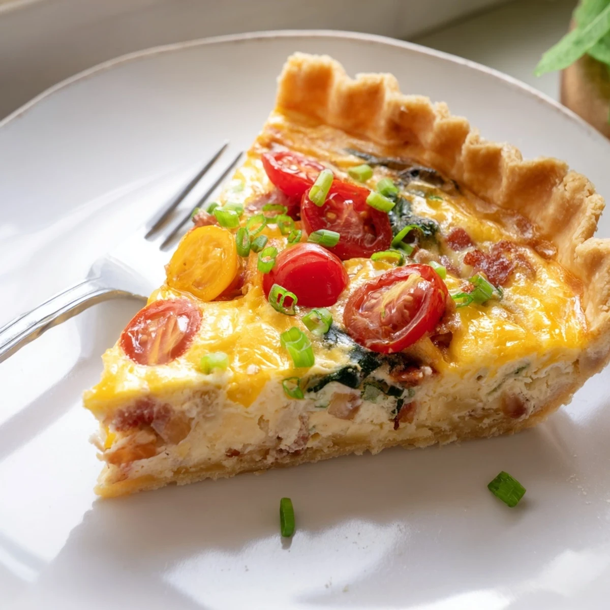 Warm family breakfast tart slice revealing fluffy egg custard, bacon bits, and tomatoes garnished with fresh chives