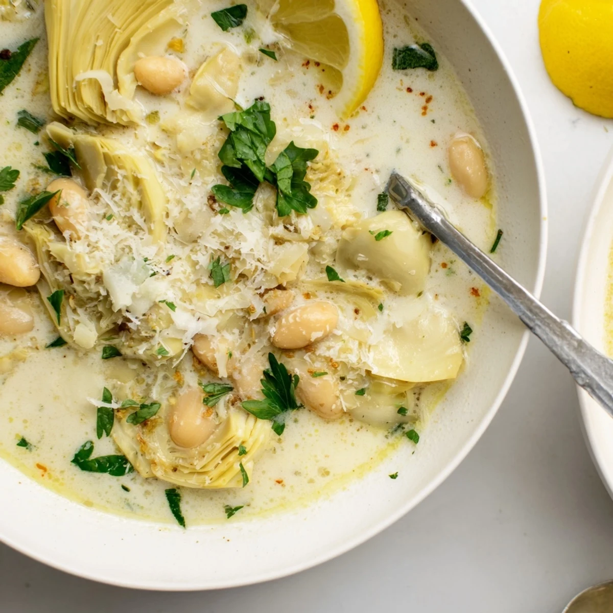 Creamy Lemony Tuscan Artichoke Soup with tender beans and fresh parsley garnish