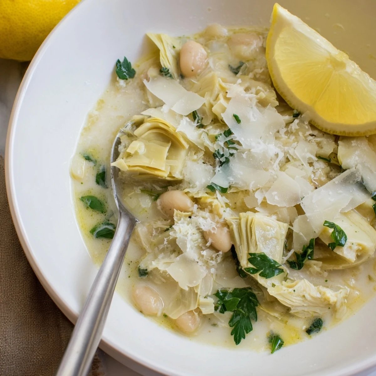 Rustic bowl of Lemony Tuscan Artichoke Soup featuring vibrant vegetables and zesty citrus notes