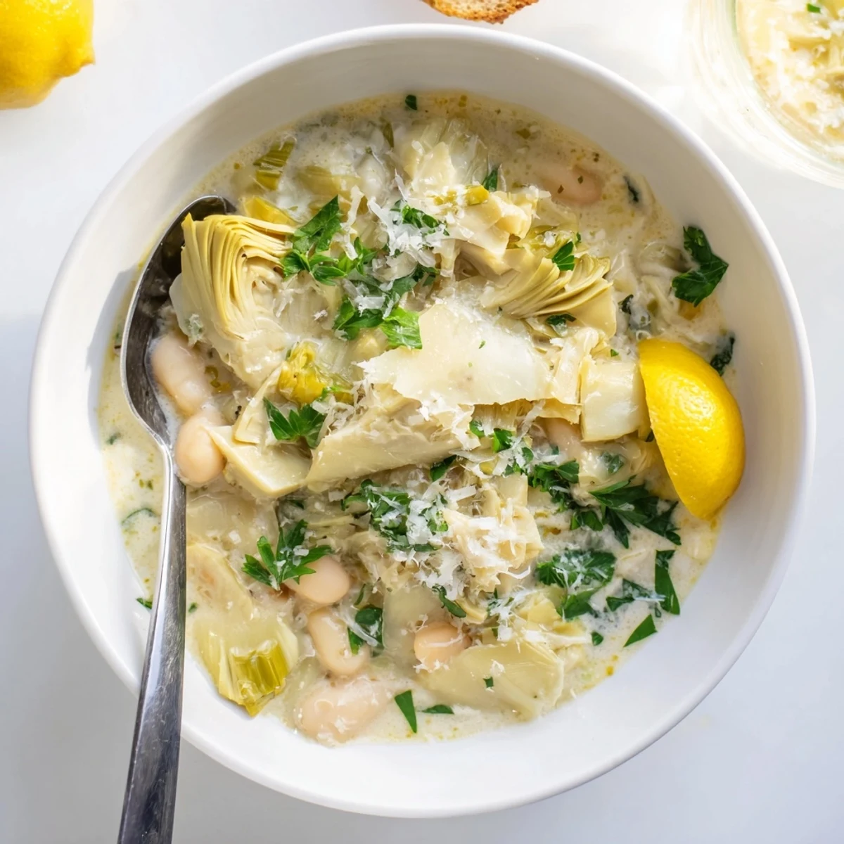 Golden Lemony Tuscan Artichoke Soup simmered with cannellini beans and aromatic herbs