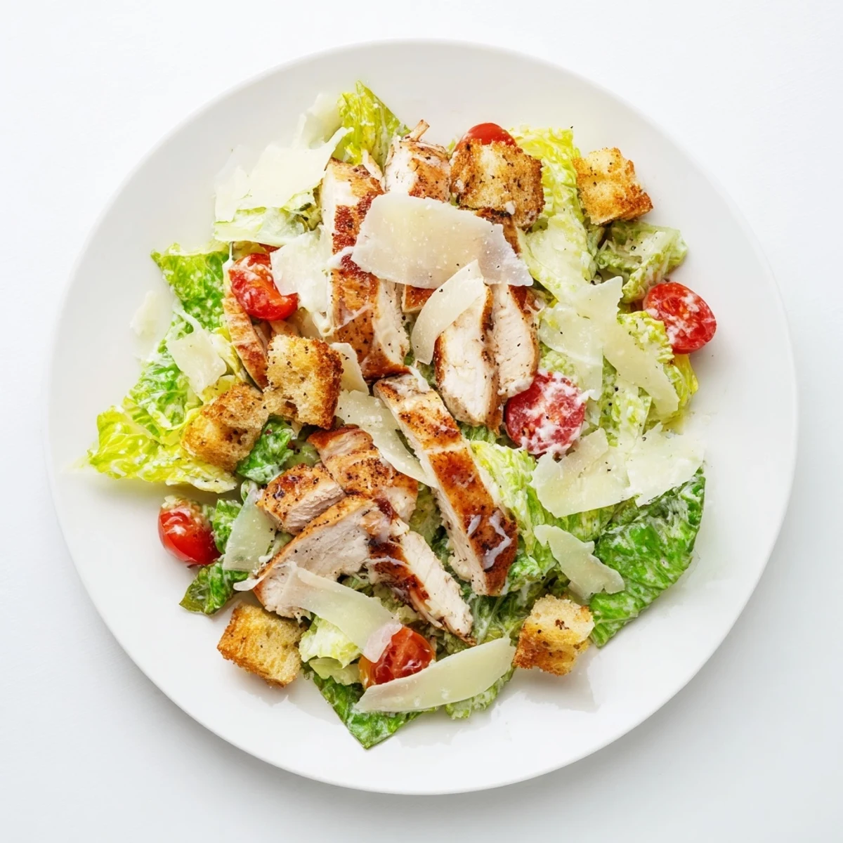Fresh homemade Caesar dressing drizzled over tender grilled chicken breast and crunchy romaine in this classic chicken Caesar salad