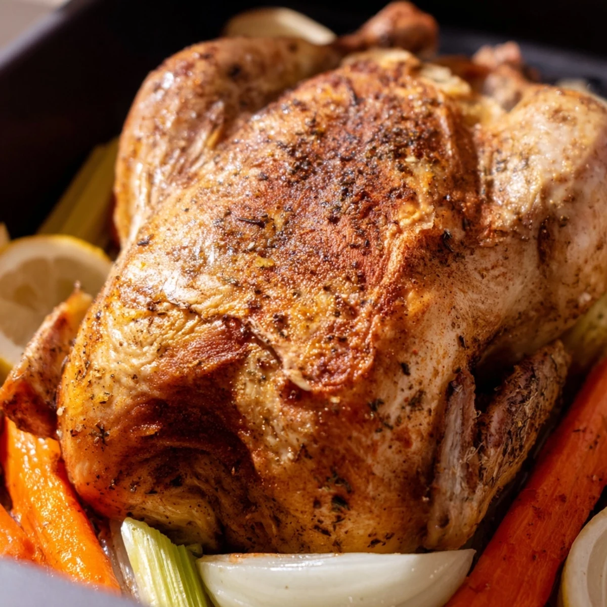 Golden brown roast garlic and lemon chicken with crispy skin on a platter
