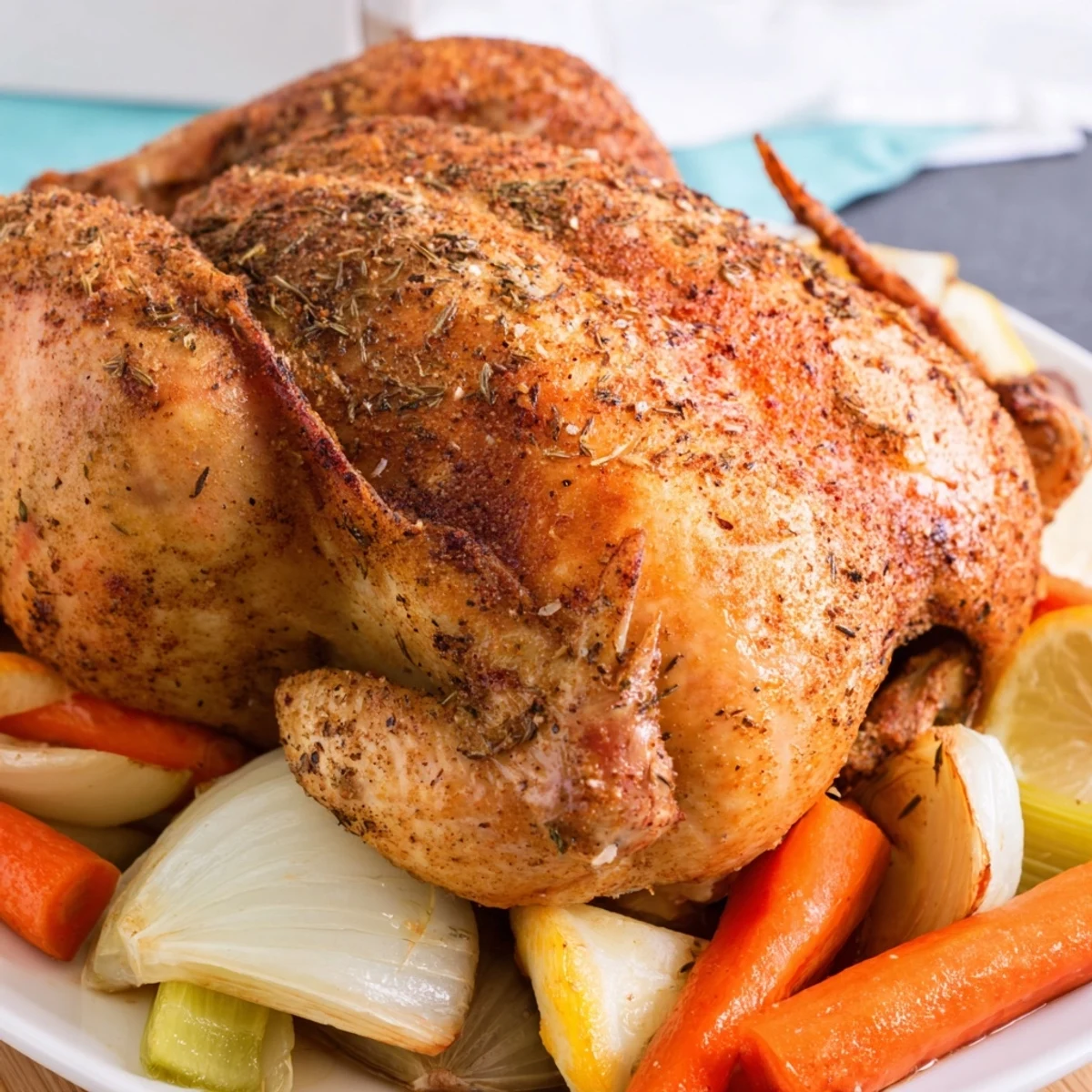 Whole roasted chicken seasoned with garlic and lemon served with roasted vegetables