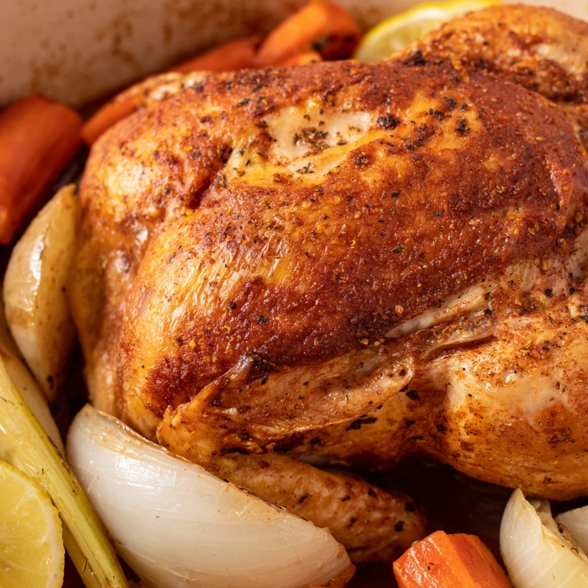 Succulent Mediterranean-style roast garlic and lemon chicken resting before carving on cutting board