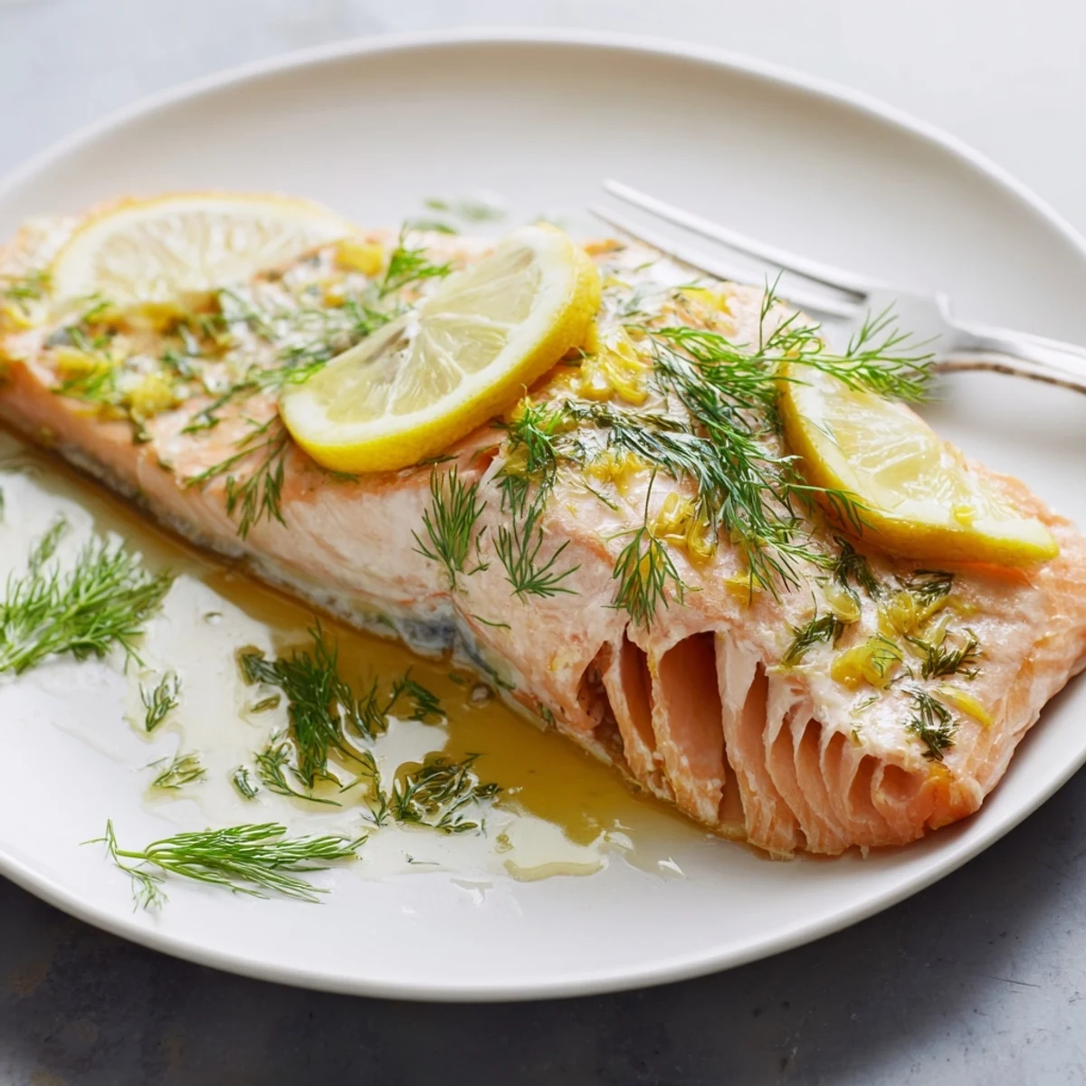 Golden baked salmon fillet topped with fresh dill and bright lemon slices on a white plate