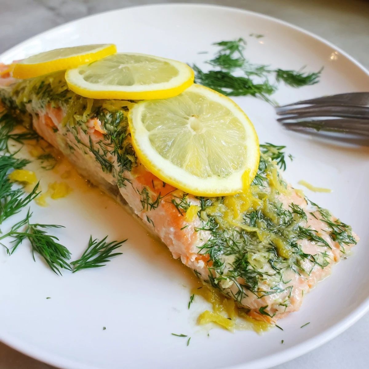 Flaky dill and lemon baked salmon served with roasted vegetables for a healthy weeknight dinner