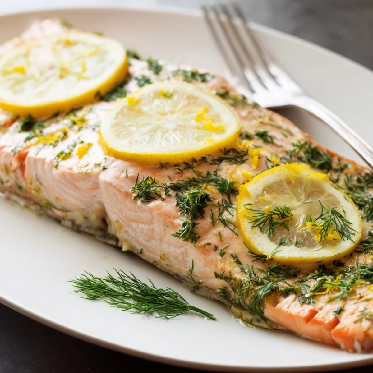 Perfectly oven-baked salmon with zesty lemon and fragrant dill garnish, flaky and moist inside