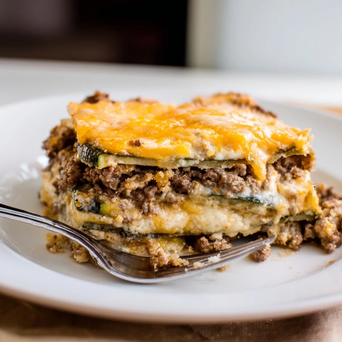 Family-friendly cheesy beef zucchini casserole served piping hot with golden breadcrumb and parmesan crust