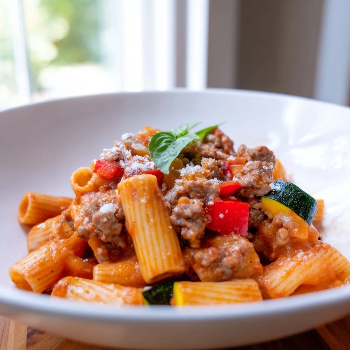 One pot sausage pasta featuring crumbled Italian sausage, penne, and colorful vegetables in a rich tomato cream sauce