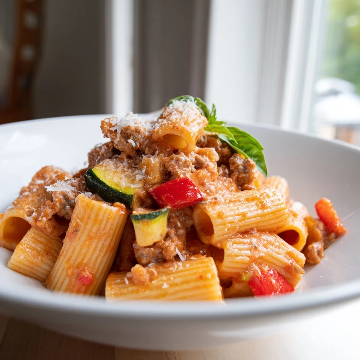 Creamy one pot sausage pasta bowl showcasing al dente pasta, juicy sausage pieces, and vibrant red pepper in tomato sauce