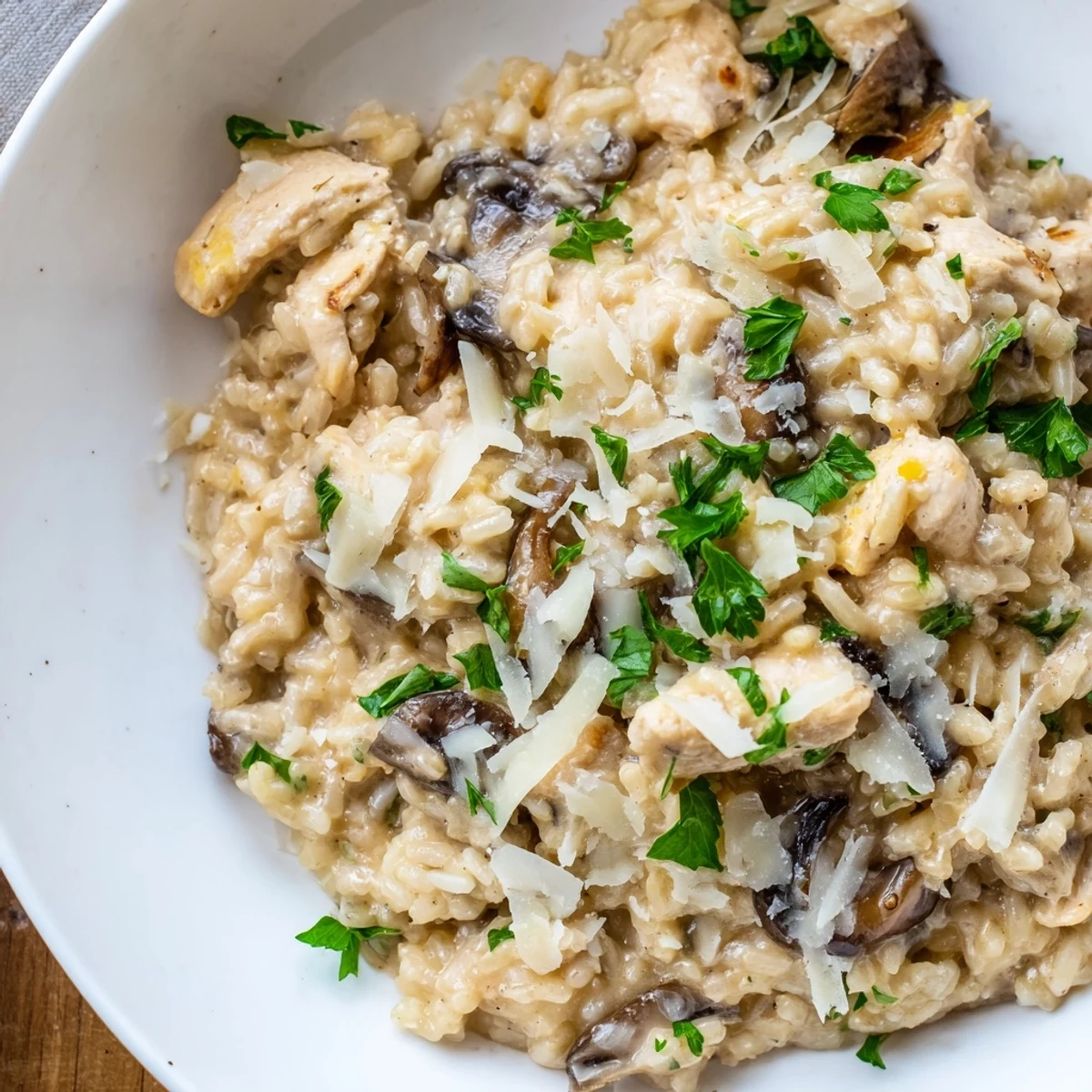 Creamy chicken and mushroom baked risotto topped with fresh parsley and grated Parmesan cheese