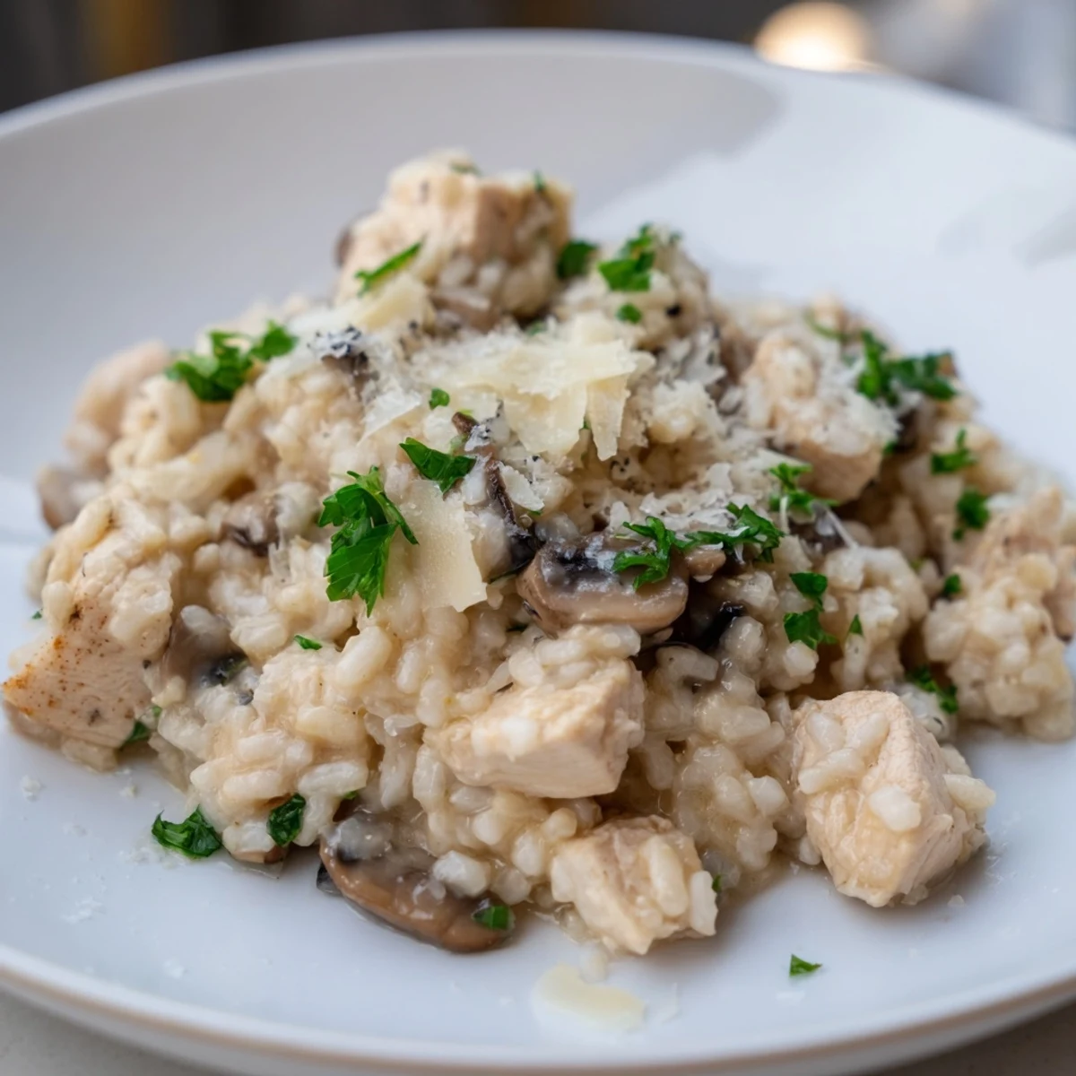 Oven-baked chicken and mushroom risotto served in a white bowl with green garnish