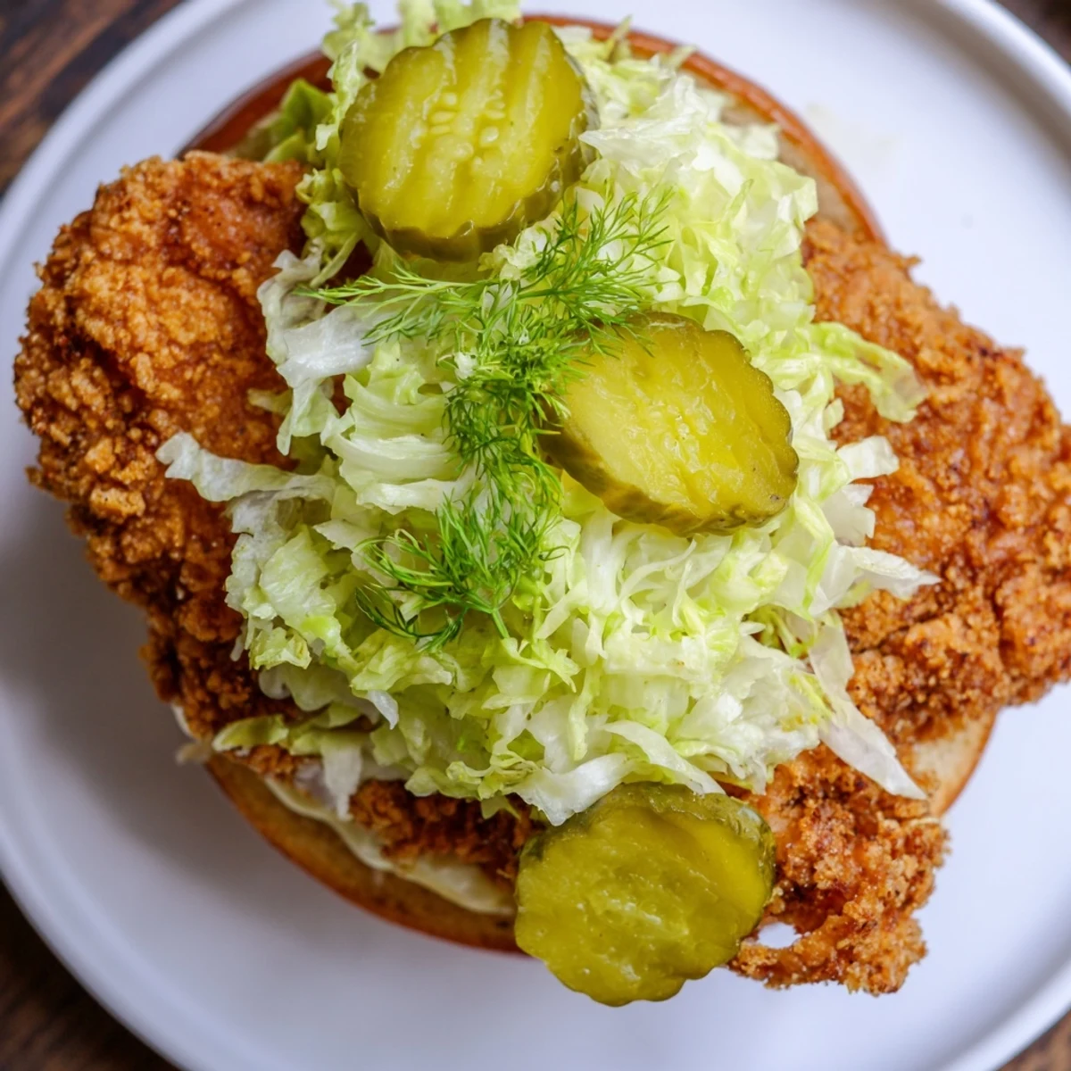 Golden crispy chicken burger stacked on toasted brioche with fresh lettuce and pickles