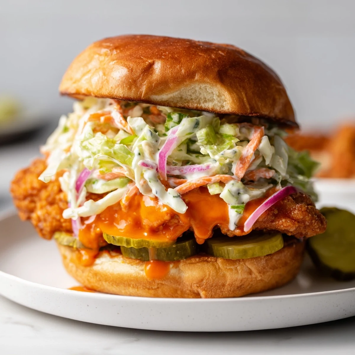 Crispy Buffalo chicken sandwich stacked high with cool ranch slaw on toasted brioche bun