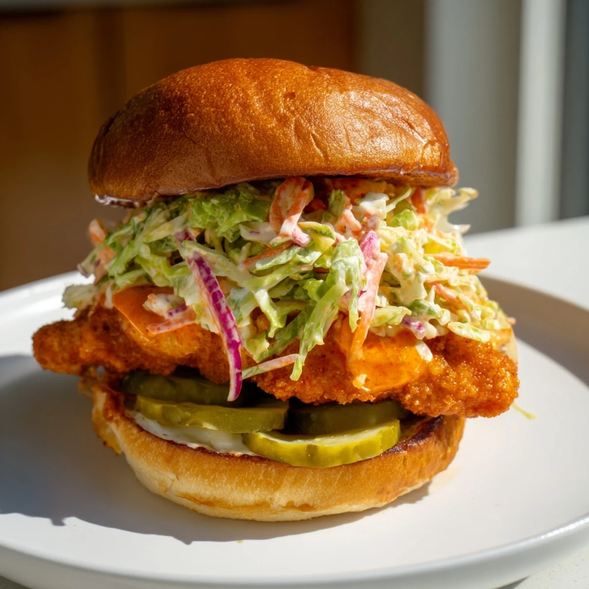 Golden fried Buffalo chicken breast draped in spicy sauce topped with creamy coleslaw and lettuce