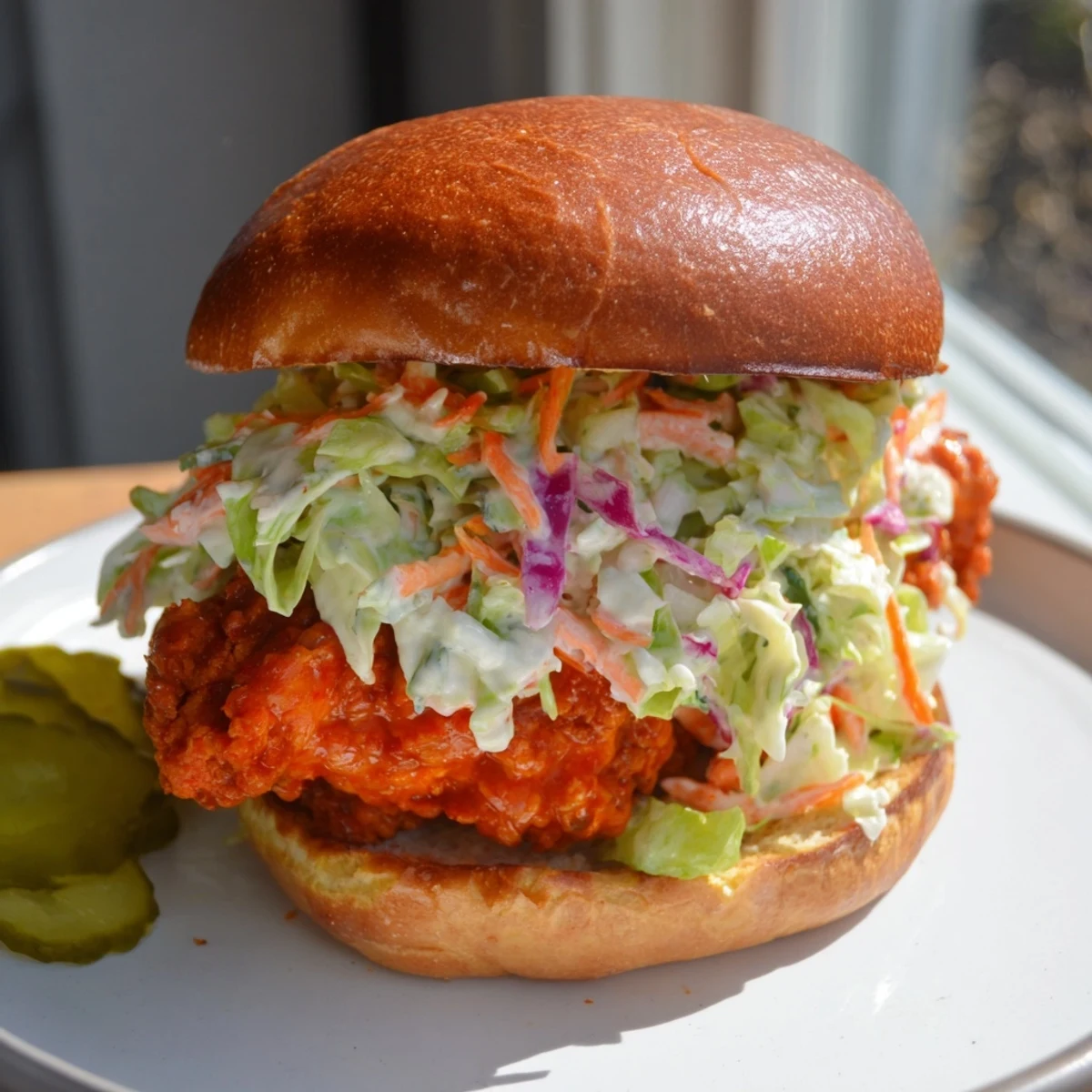 Juicy crispy Buffalo chicken sandwich featuring crunchy cabbage slaw and pickles on soft bun