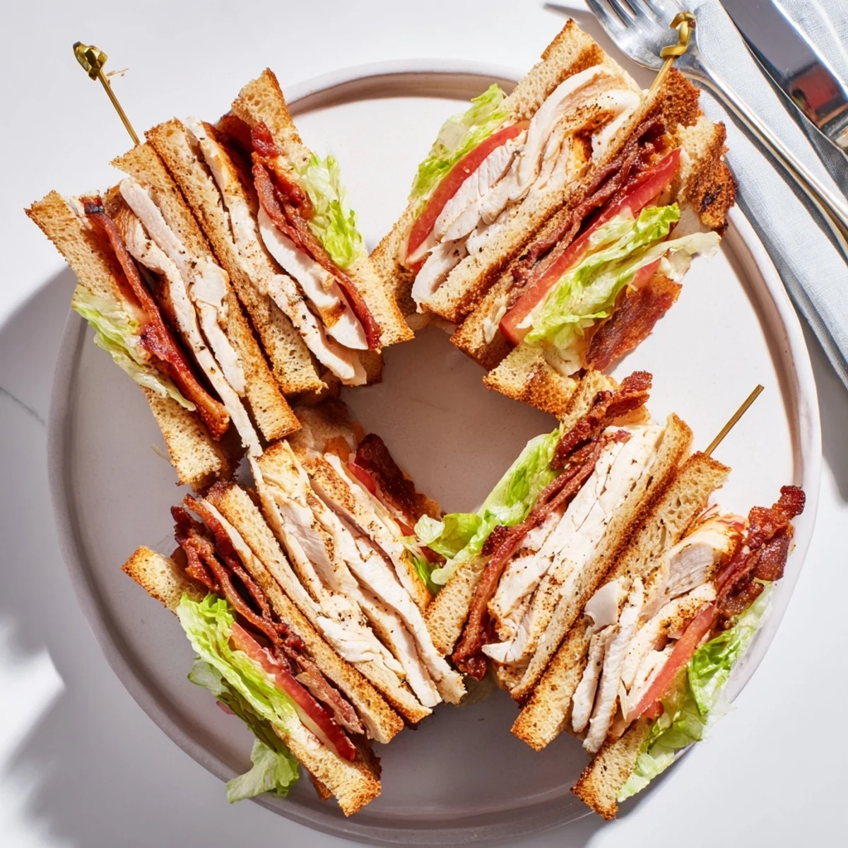 Classic American chicken club sandwich featuring layers of tender chicken breast, crispy cooked bacon, and ripe tomatoes between three toasted slices