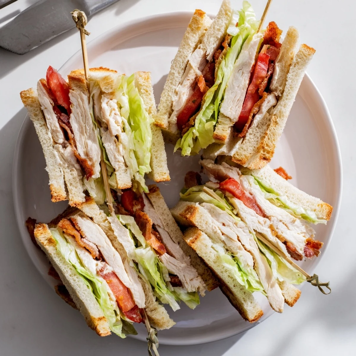 Hearty chicken club sandwich cut diagonally, revealing colorful layers of romaine lettuce, sliced tomatoes, savory chicken, and crunchy bacon