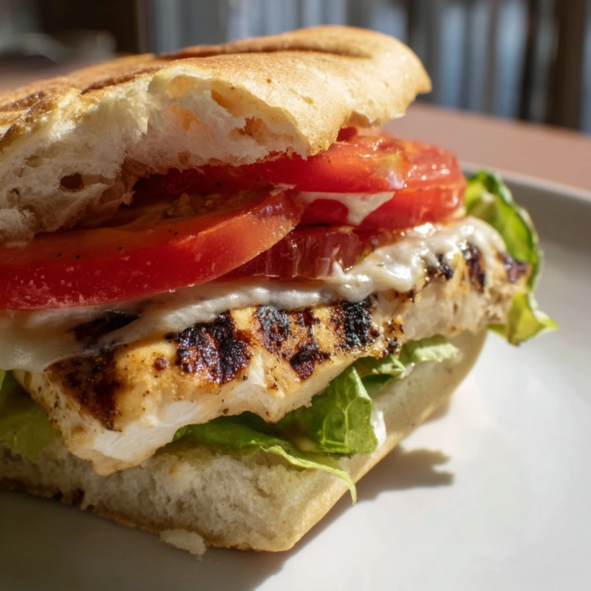 Golden grilled garlic chicken sandwich layered with crisp lettuce, juicy tomatoes, and creamy garlic mayo on a toasted bun