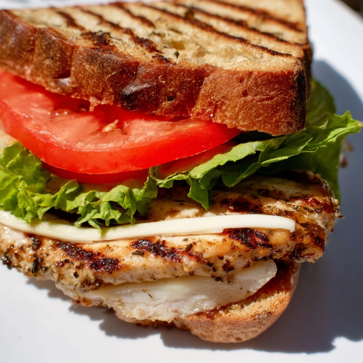 Hearty garlic chicken sandwich featuring melted cheese, garden-fresh toppings, and zesty garlic spread on warm bread