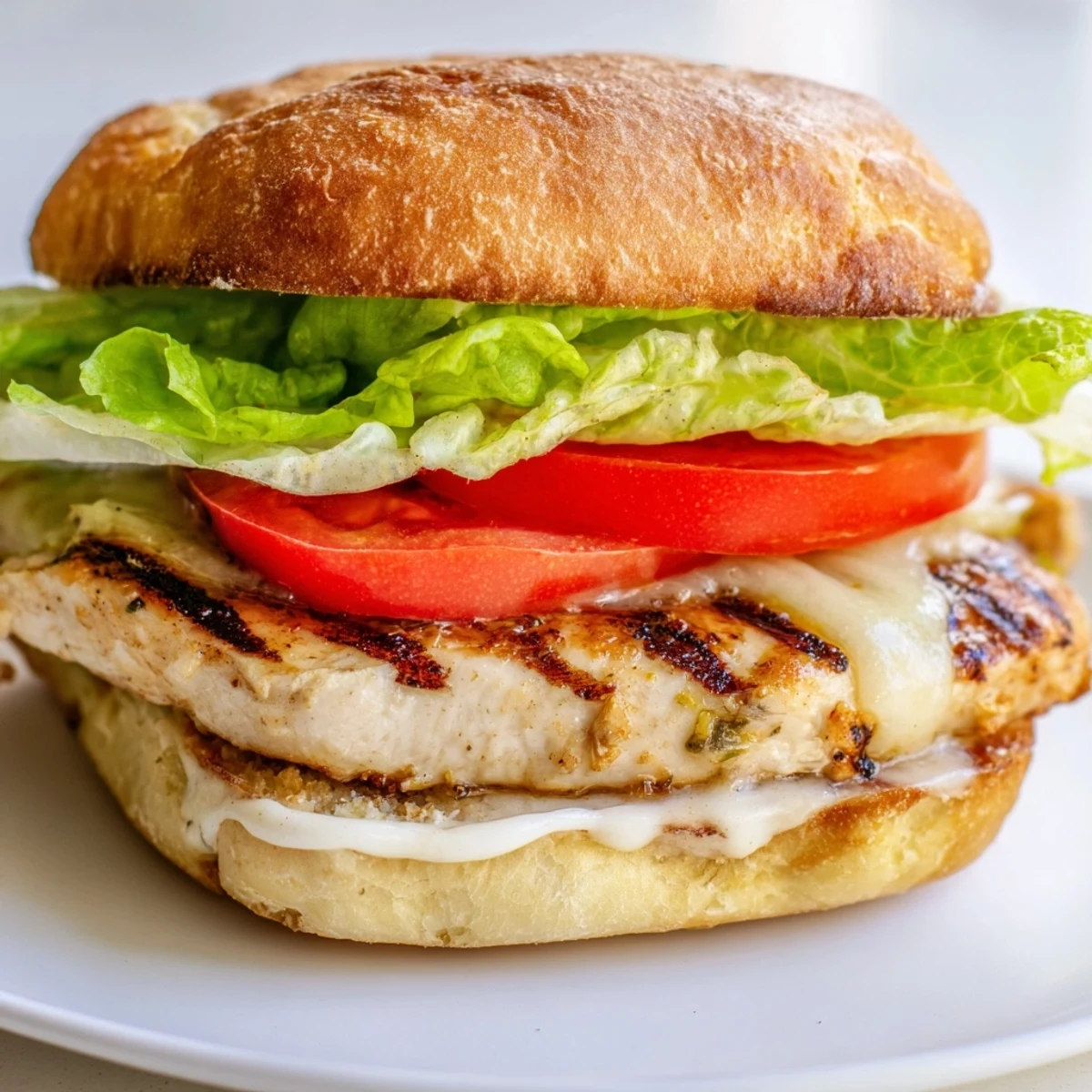 Toasted bun overflowing with marinated garlic chicken breast, fresh vegetables, and homemade garlic mayonnaise sauce