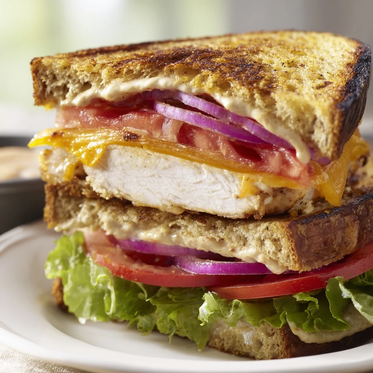 Golden grilled chicken breast sandwich stacked with crisp lettuce and melted cheddar cheese on toasted bun