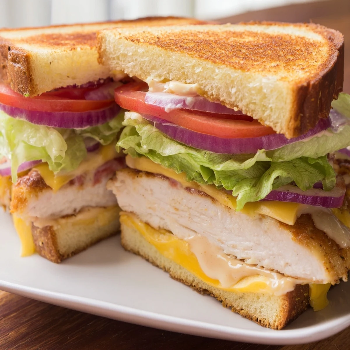 Juicy grilled chicken sandwich topped with fresh tomato slices and red onion with creamy Dijon mayonnaise spread