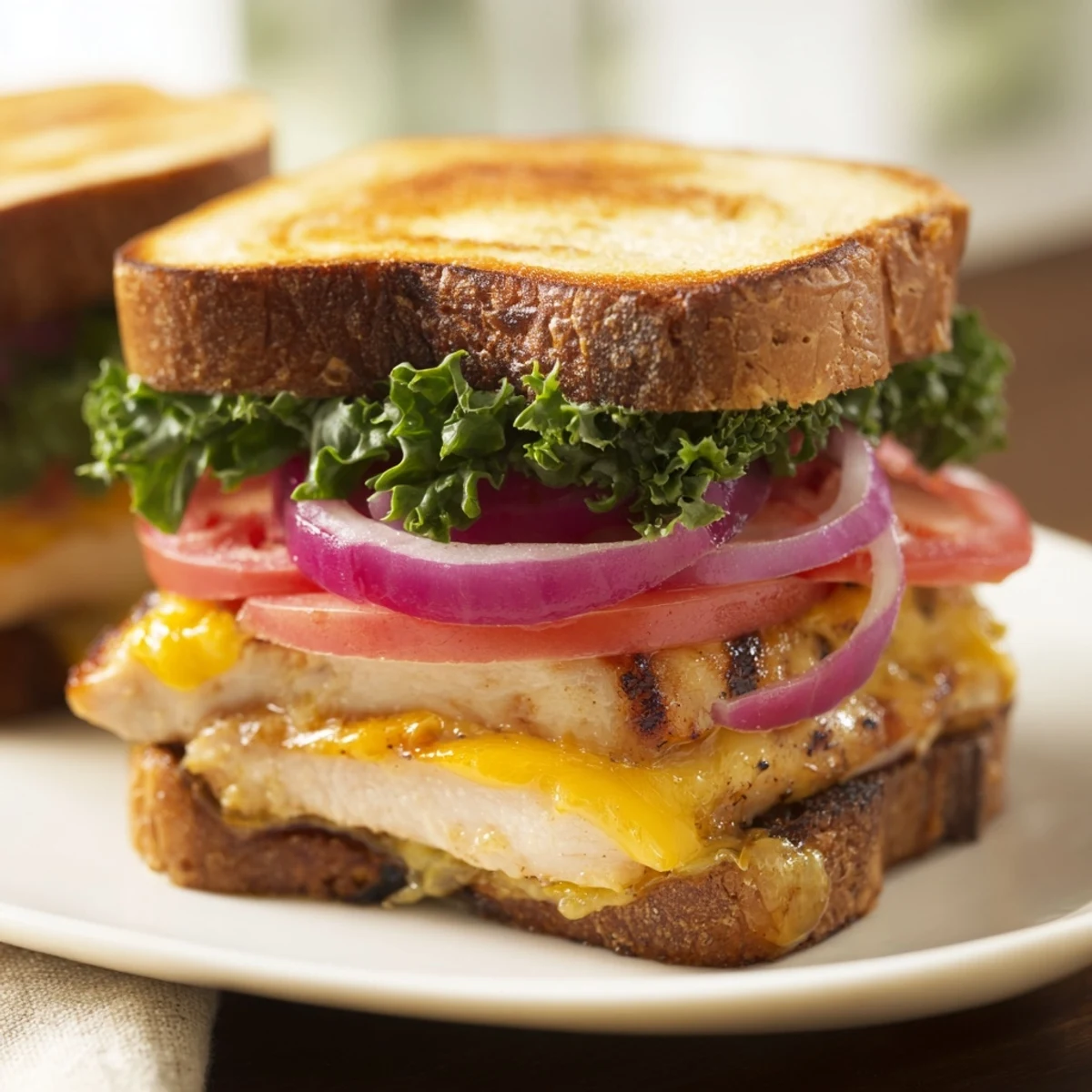 Homemade grilled chicken sandwich featuring seasoned grilled cutlets layered on ciabatta with crisp vegetables