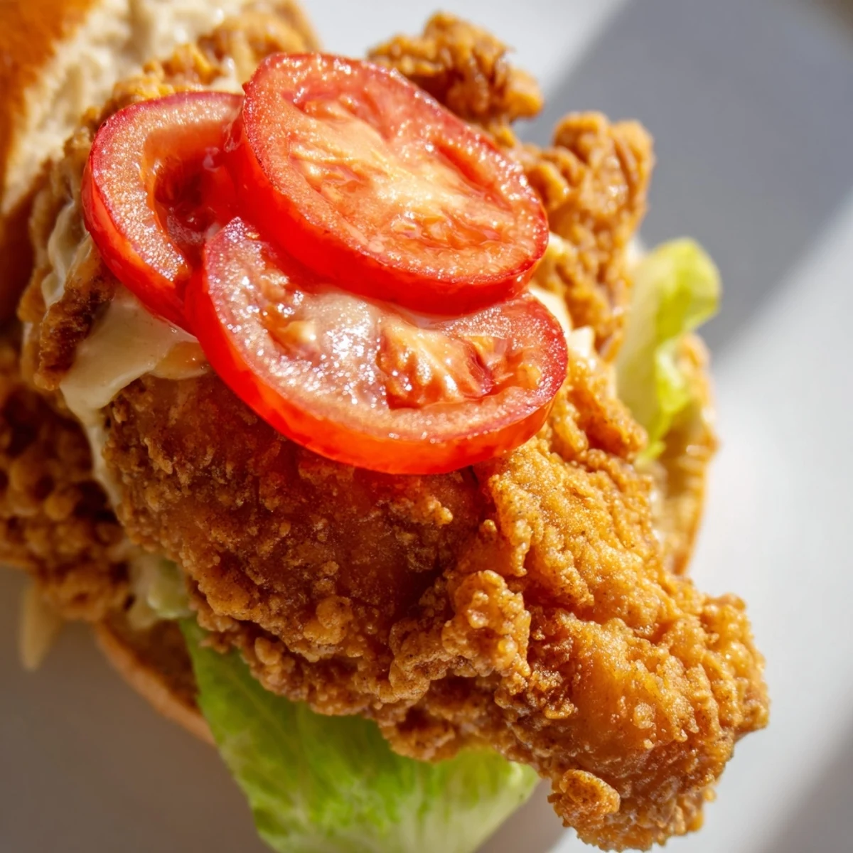 Golden ultra crunchy fried chicken burger stacked with crisp lettuce tomato and pickles on toasted brioche bun