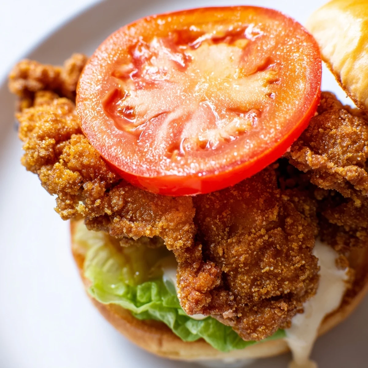 Crispy fried chicken burger fillet with spicy mayo dripping down fresh lettuce layers atop a soft potato bun