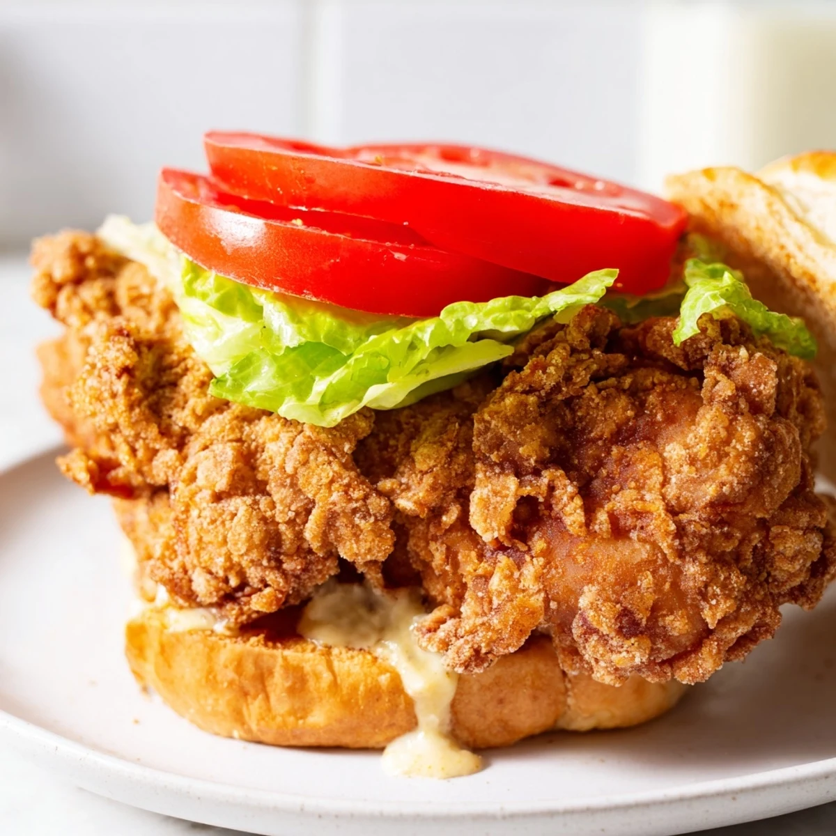 Homemade ultra crunchy fried chicken burger featuring golden craggy coating ripe tomato slices and tangy dill pickles