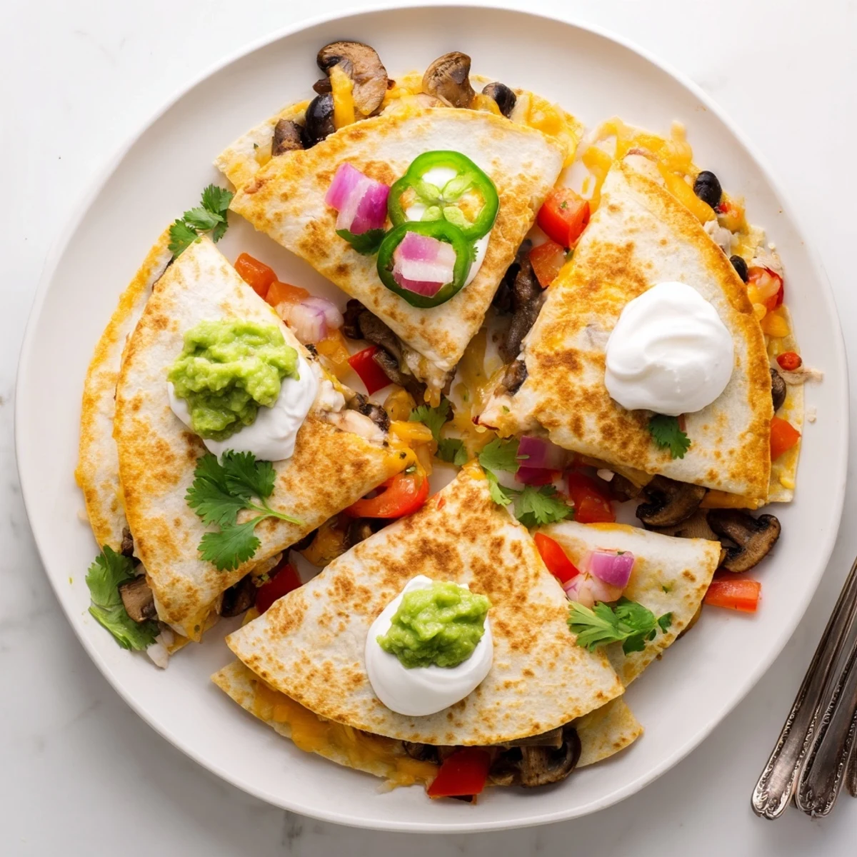 Golden crispy quesadillas featuring melted cheddar and Monterey Jack cheese sliced into wedges