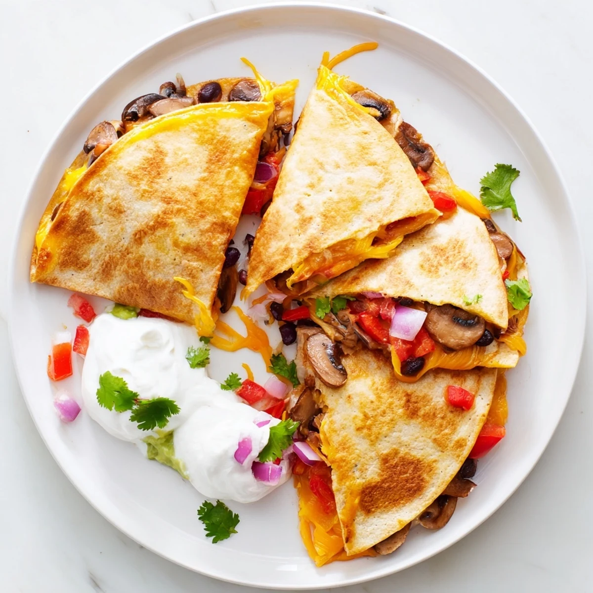 Classic quesadillas with gooey cheese filling and colorful bell peppers on a wooden board