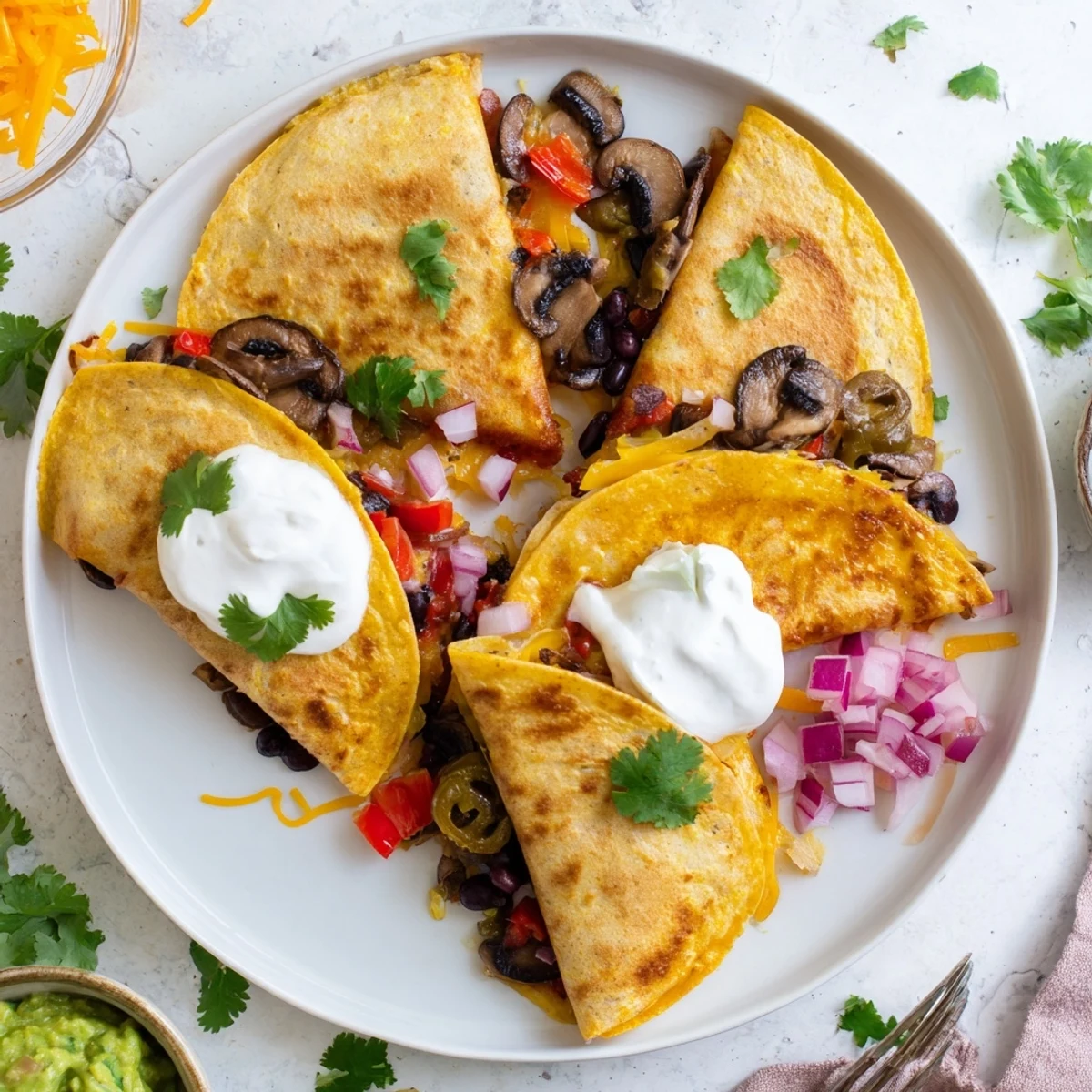 Homemade quesadillas topped with fresh cilantro and served alongside sour cream and salsa