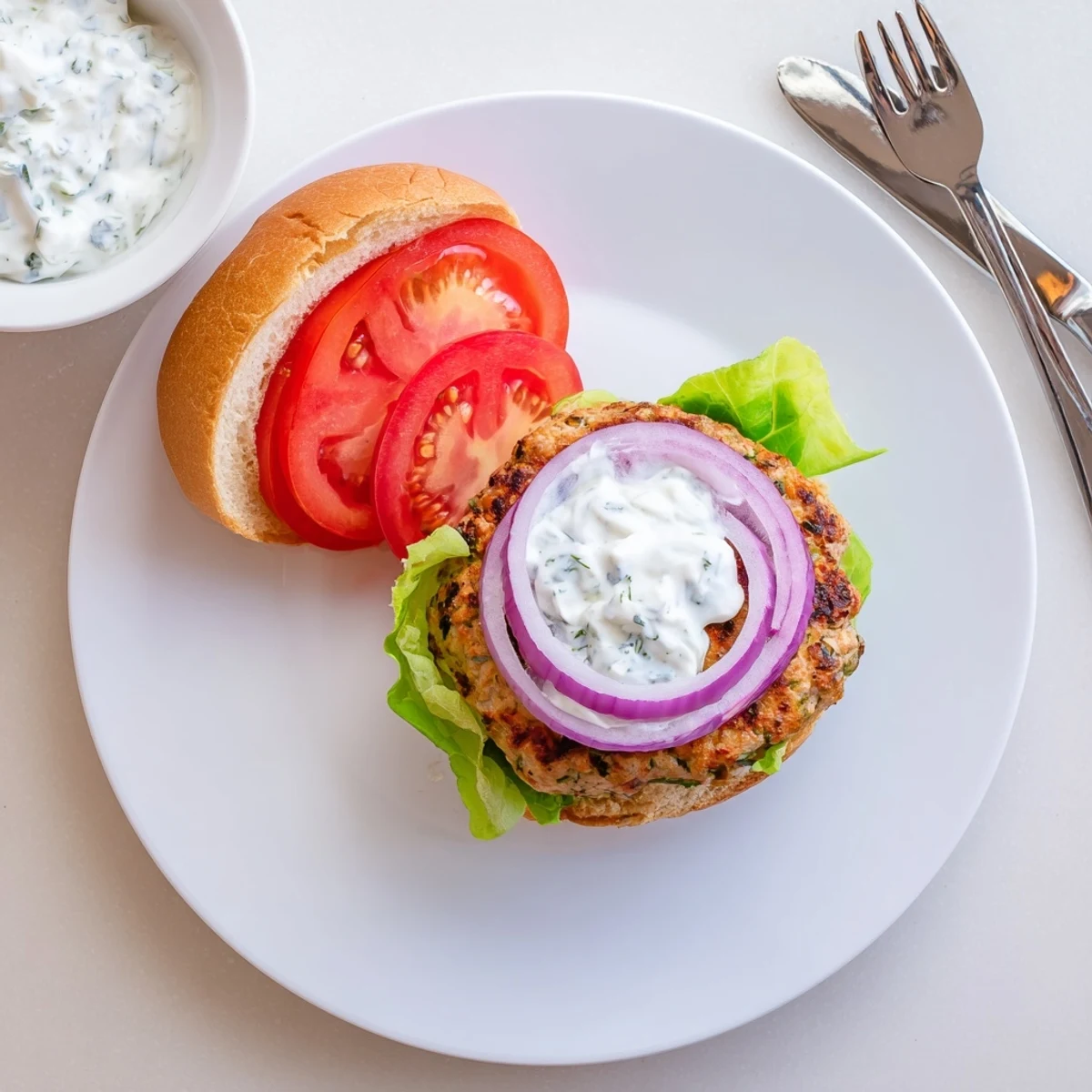 Golden brown Greek chicken burgers topped with creamy tzatziki sauce and fresh vegetables on toasted buns