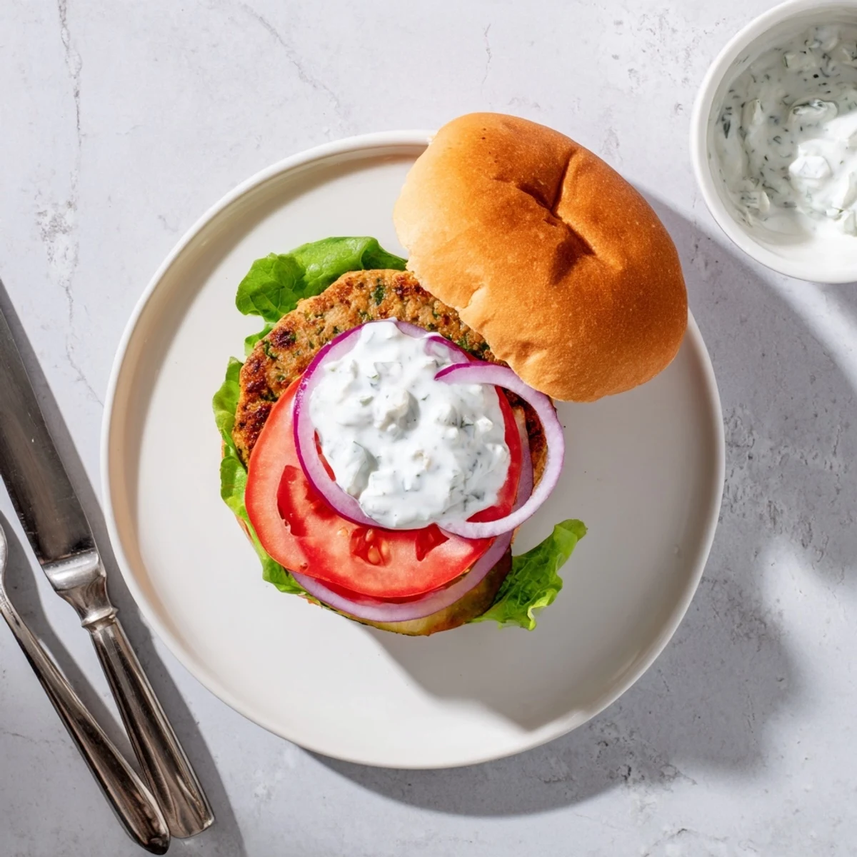 Juicy homemade Greek chicken burgers layered with crisp lettuce tomato onion and tangy tzatziki dressing