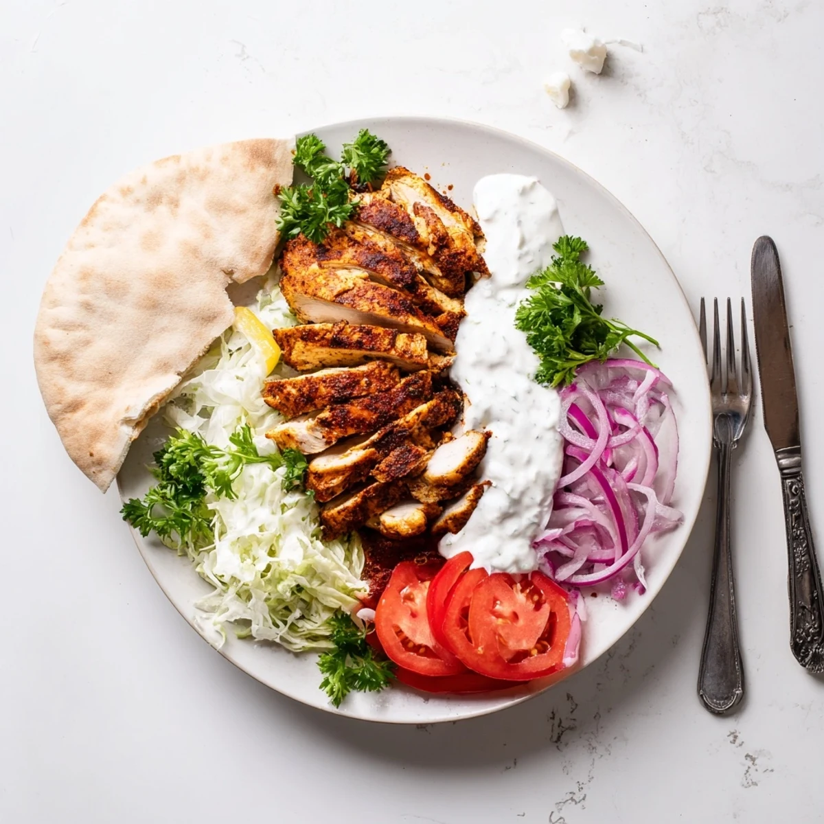 Golden spiced chicken shawarma slices drizzled with creamy white garlic sauce
