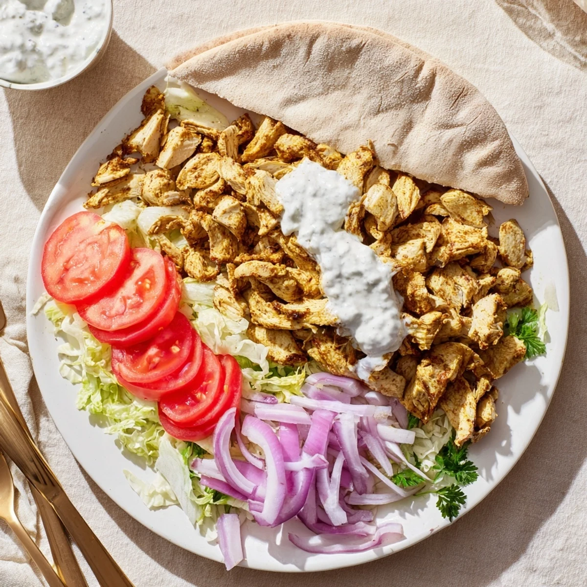 Savory chicken shawarma spiced with cumin and coriander, served with zesty garlic sauce