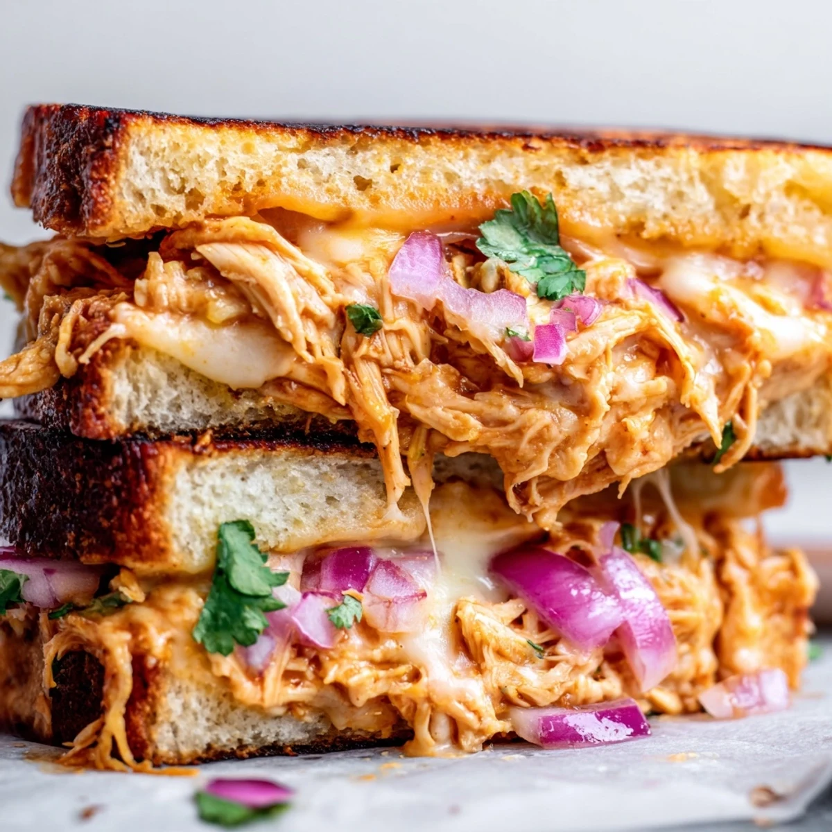Golden BBQ chicken grilled cheese sandwich oozing melted cheddar and mozzarella cheese