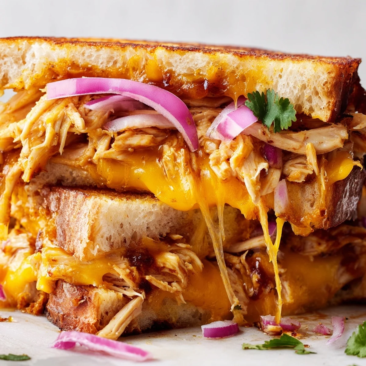 Halved BBQ chicken grilled cheese revealing gooey melted cheese layers on golden bread