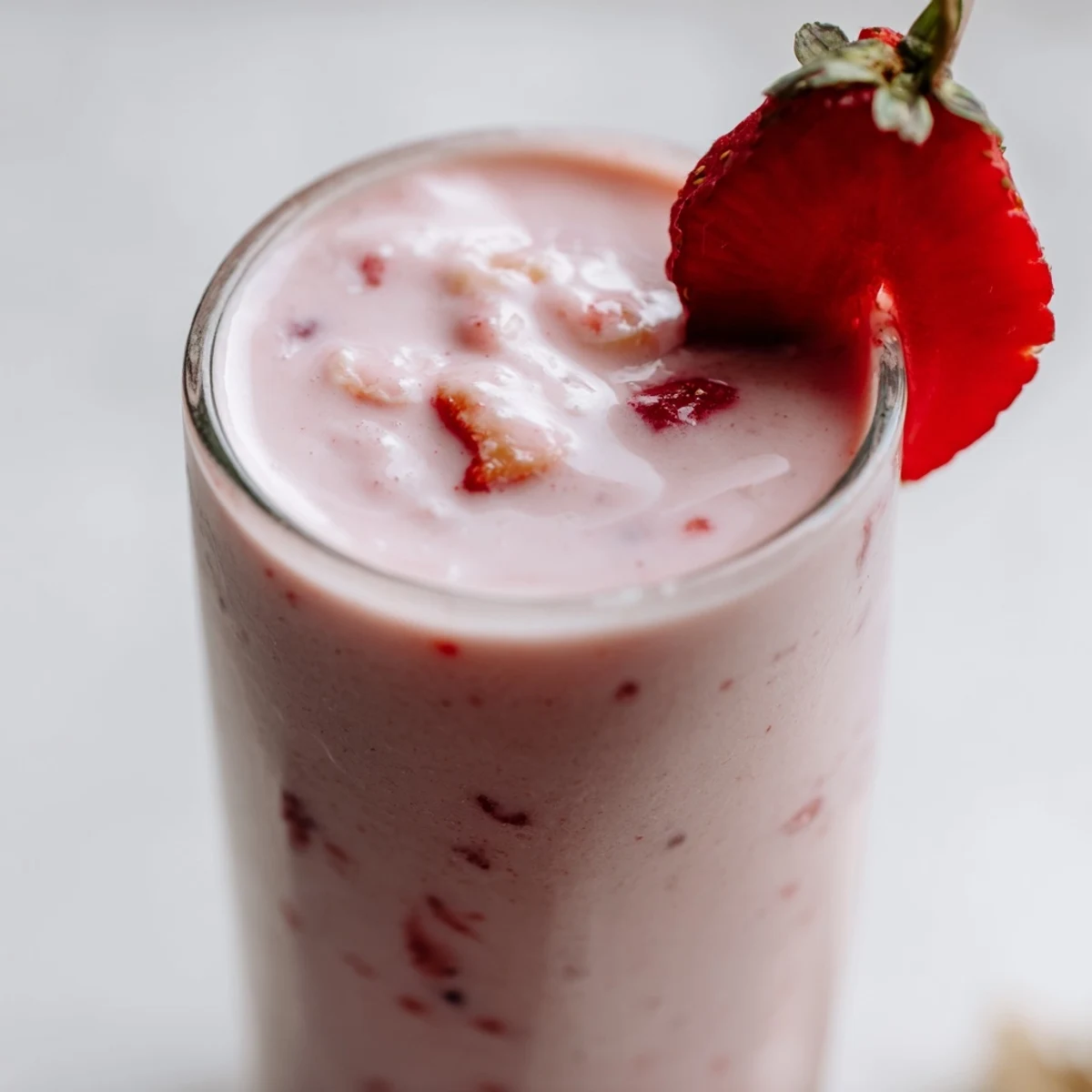 Thick creamy strawberry smoothie with Greek yogurt topped with fresh strawberry slice