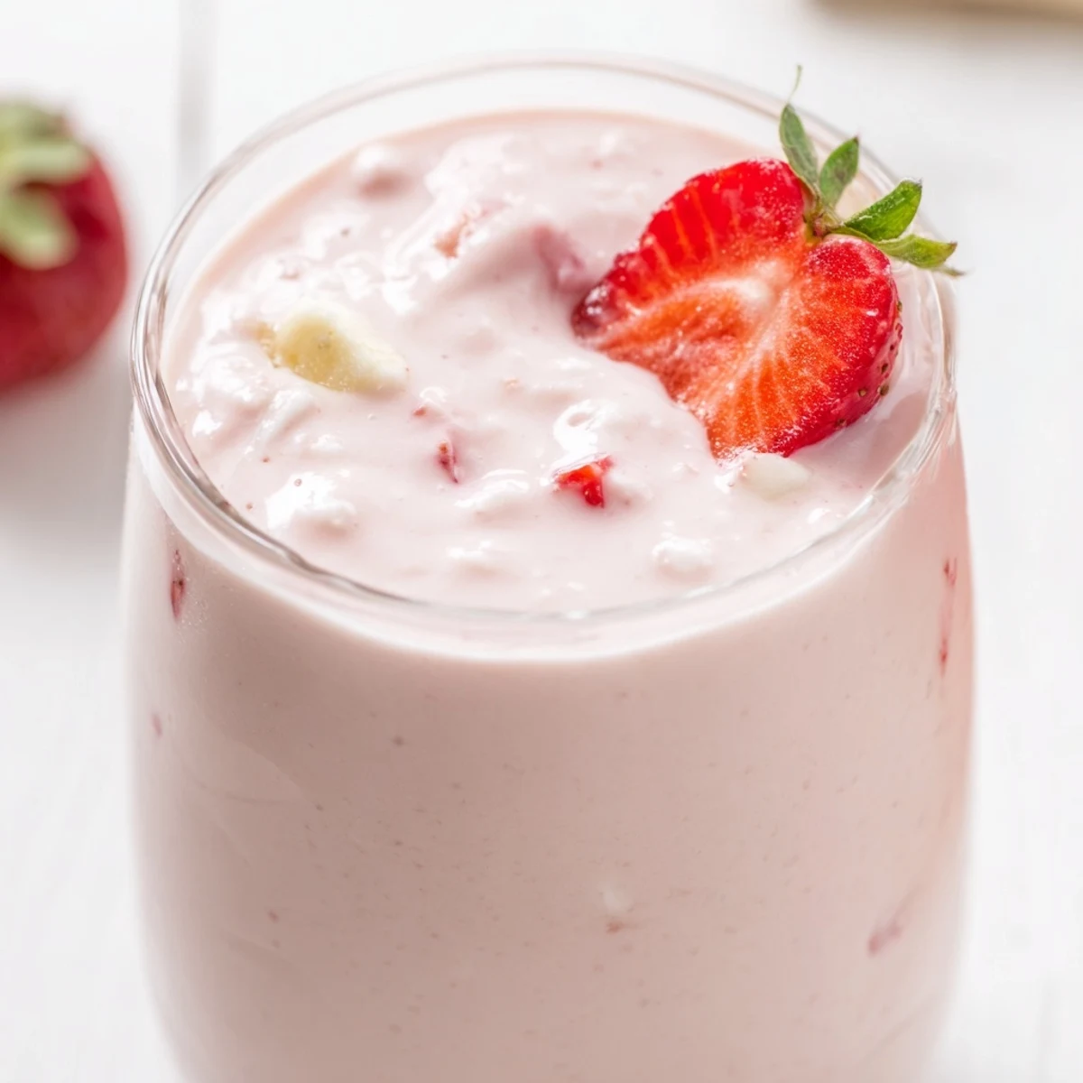 Pink smoothie blended with strawberries and Greek yogurt in clear glass
