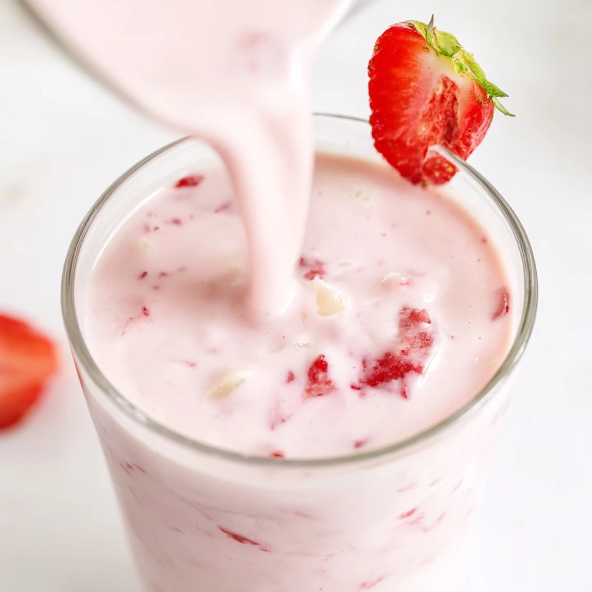 Creamy strawberry smoothie with Greek yogurt garnished with whole ripe strawberry