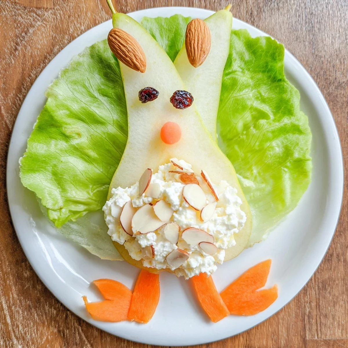 Whimsical pear bunny salad arranged on crisp lettuce with almond ears, raisin eyes, and fluffy cottage cheese tails