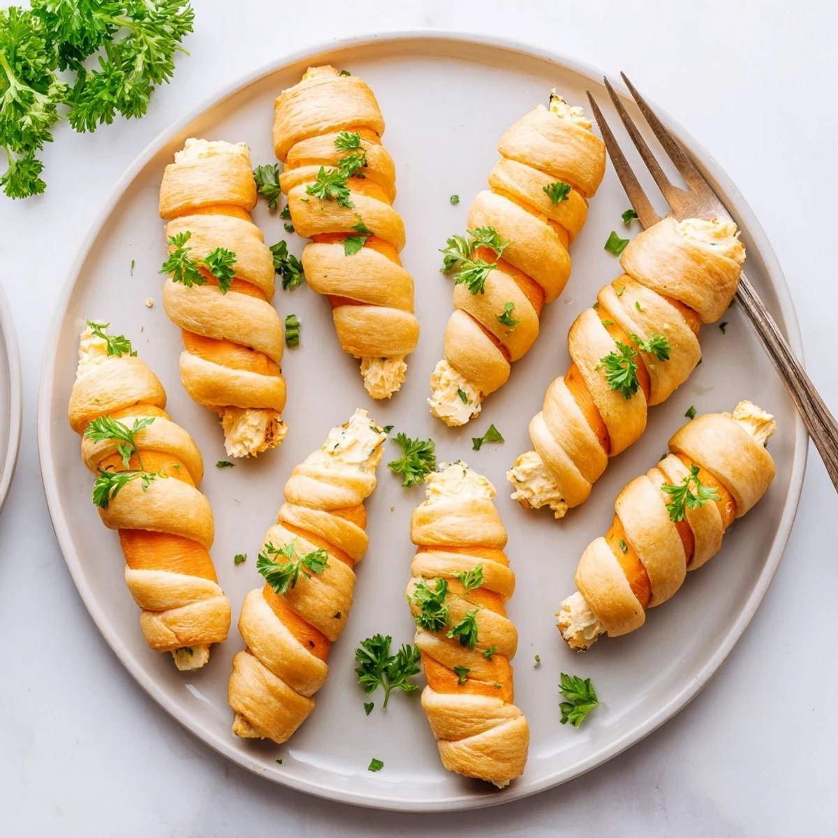 Golden baked stuffed crescent roll carrots filled with creamy herbed cheese and topped with fresh parsley sprigs