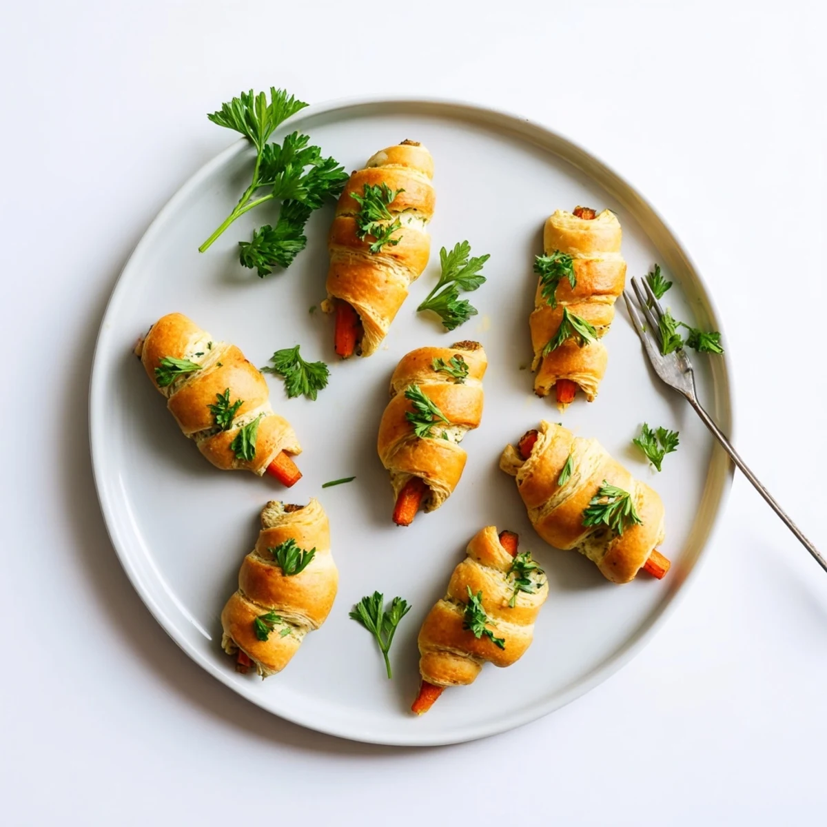 Flaky crescent dough vegetable treats stuffed with herb cream cheese mixture, garnished with green parsley tops