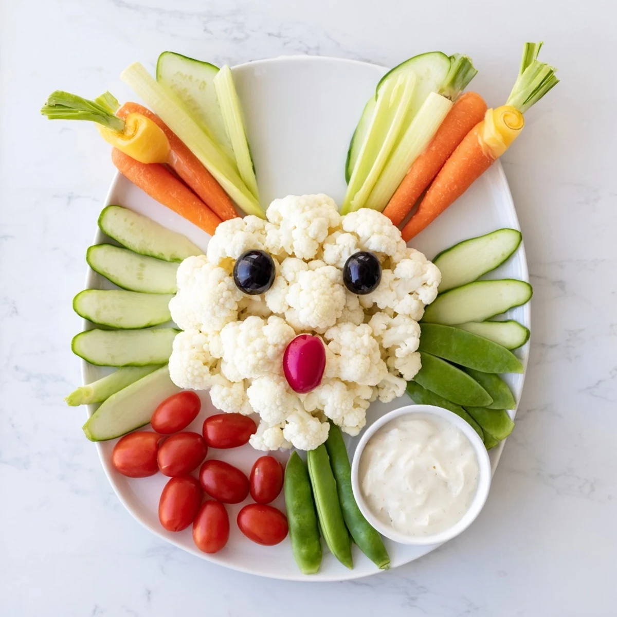 Festive Easter Bunny veggie tray arranged with colorful vegetables on a white serving platter